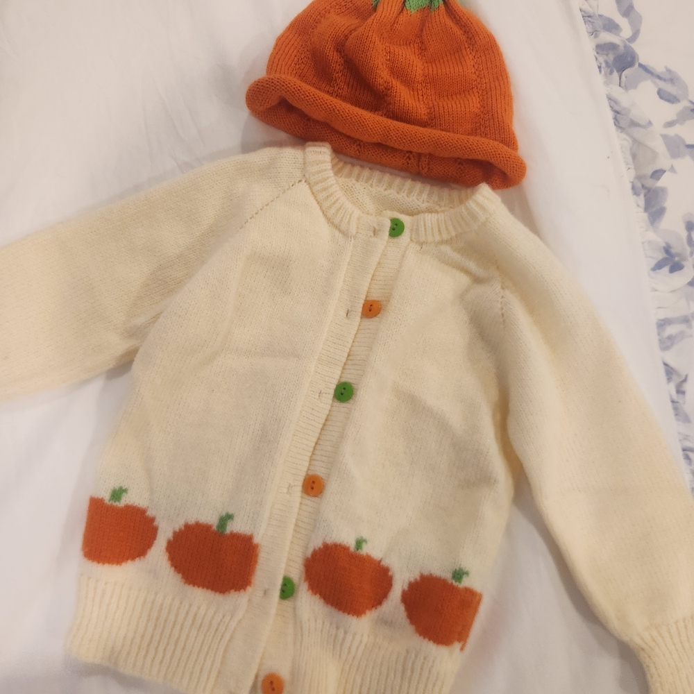 Kids Cream Cardigan with Orange Pumpkin Design